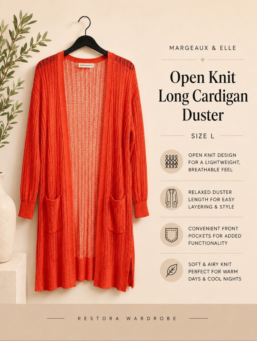 Margaux & Elle Cardigan Coral Open Knit Longline Pockets Size L Boho